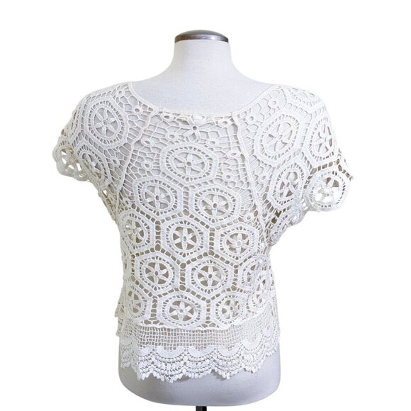 Rebellion Cropped Top Cream Size M Crochet Cotton Short Sleeve Festival Bohemian - Picture 4 of 7